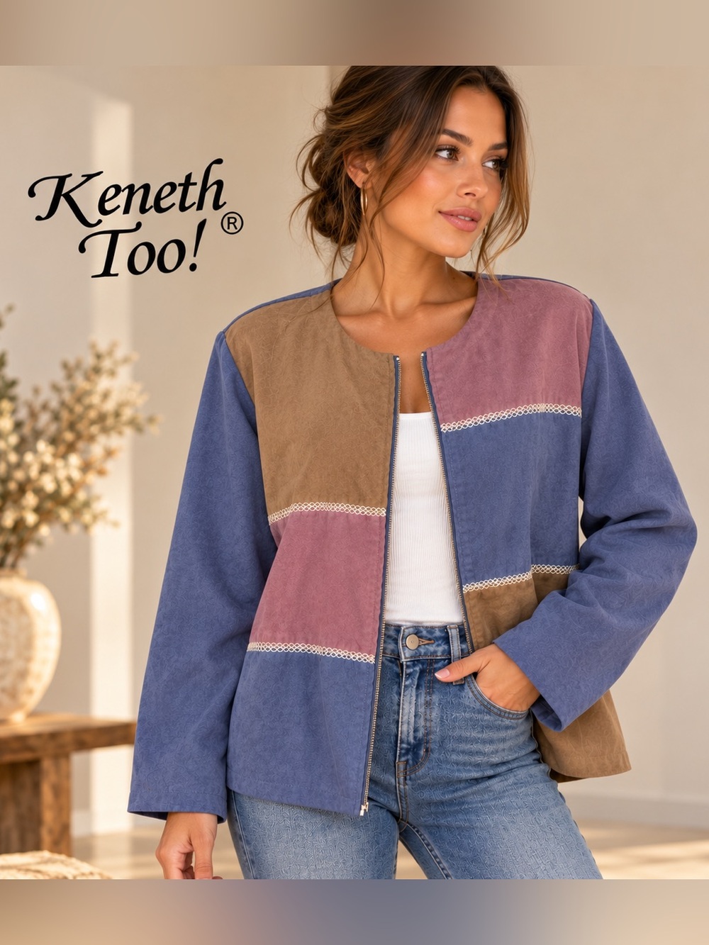 Keneth Too! Color Block Zip Jacket Patchwork Suede-Look XL